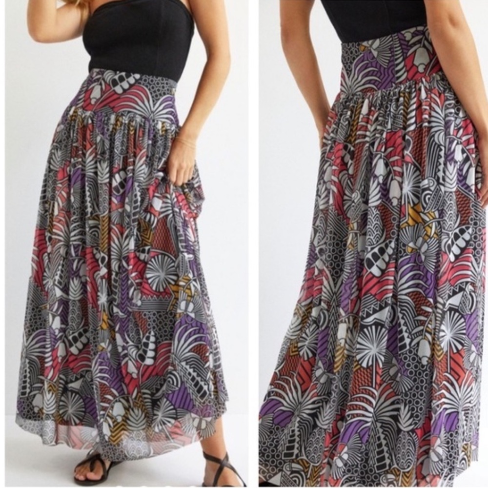 FARM Rio x Anthropologie Tropical Abstract‎ Maxi Skirt Beach Vacation Womens Med